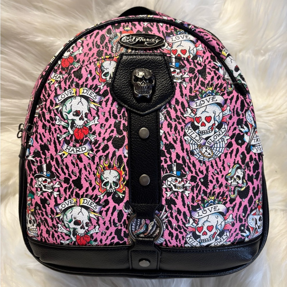 Ed Hardy Pink & Black Backpack with Adjustable Straps